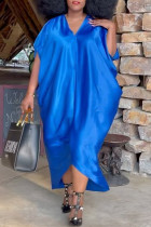 ブルーファッションカジュアルプラスサイズソリッド非対称Vネック半袖ドレス