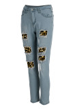 Детские синие модные повседневные лоскутные леопардовые рваные джинсы скинни с высокой талией