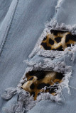 Babyblauwe mode casual patchwork luipaard gescheurde hoge taille skinny denim jeans