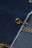 Темно-синие модные повседневные сплошные выдолбленные лоскутные цепочки с отложным воротником плюс размер комбинезонов