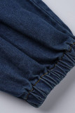 Mörkblått Mode Casual Solid, urholkade Patchwork-kedjor Turndown-krage Plus Size Jumpsuits