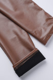 Calças lápis marrom moda casual sólida básica skinny cintura alta