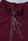 Burgundy Fashion Sexy Solid Patchwork Zipper Collar Skinny Romper