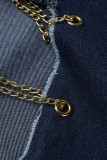 Голубые модные повседневные однотонные лоскутные цепочки с отложным воротником и комбинезонами больших размеров