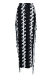 ブラックファッションカジュアルプリントタッセルパッチワークレギュラーハイウエストスカート