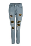 Babyblå Mode Casual Patchwork Leopard Ripped High Waist Skinny Denim Jeans