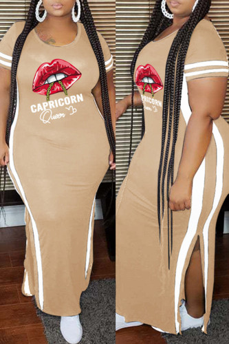Apricot Fashion Casual Plus Size Lips Printed Patchwork Slit O Neck Short Sleeve Dress