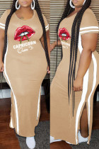 アプリコットファッションカジュアルプラスサイズ唇プリントパッチワークスリットOネック半袖ドレス