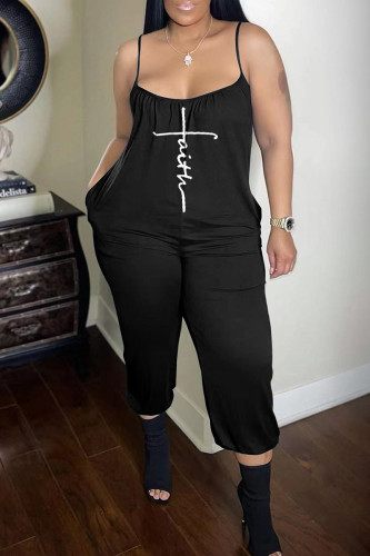 Black Fashion Casual Print Backless Spaghetti Strap Regular Jumpsuits