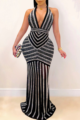 Black Fashion Sexy Patchwork Hot Drilling Backless Halter Evening Dress