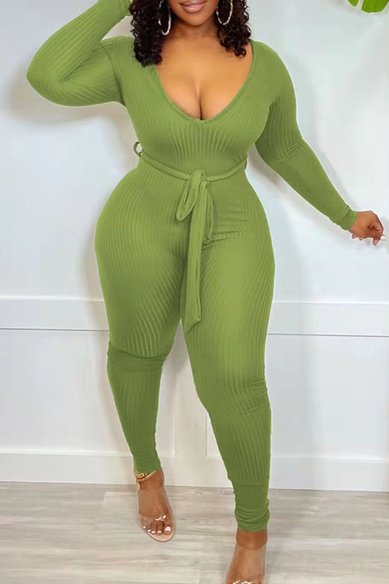 

Green Fashion Casual Solid Basic V Neck Skinny Jumpsuits