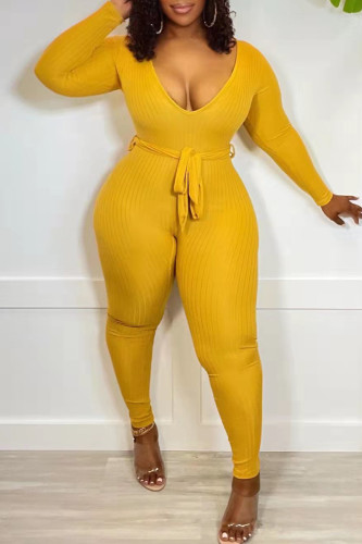 Yellow Fashion Casual Solid Basic V Neck Skinny Jumpsuits