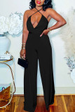 Black Sexy Solid Patchwork Backless Spaghetti Strap Straight Jumpsuits