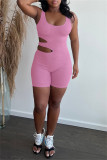 Macacão skinny rosa sexy casual sólido vazado com decote em U