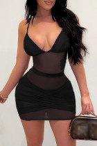 Vestido sin mangas con correa de espagueti sin espalda transparente de patchwork sólido sexy de moda negro