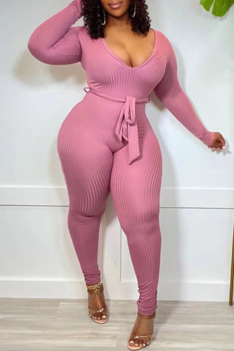 Rose Red Fashion Casual Solid Basic V Neck Skinny Jumpsuits