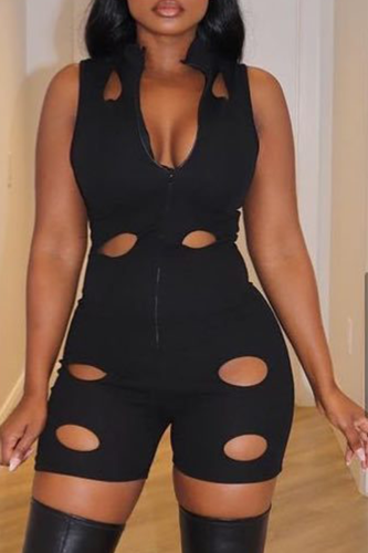 Black Sexy Solid Hollowed Out V Neck Skinny Jumpsuits