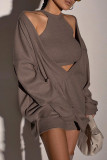 Grey Sexy Solid Patchwork V Neck Long Sleeve Two Pieces