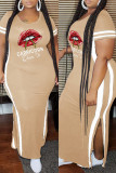Burgundy Fashion Casual Plus Size Lips Printed Patchwork Slit O Neck Short Sleeve Dress