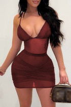 Vestido vermelho escuro fashion sexy patchwork sólido transparente sem costas alça de espaguete sem manga