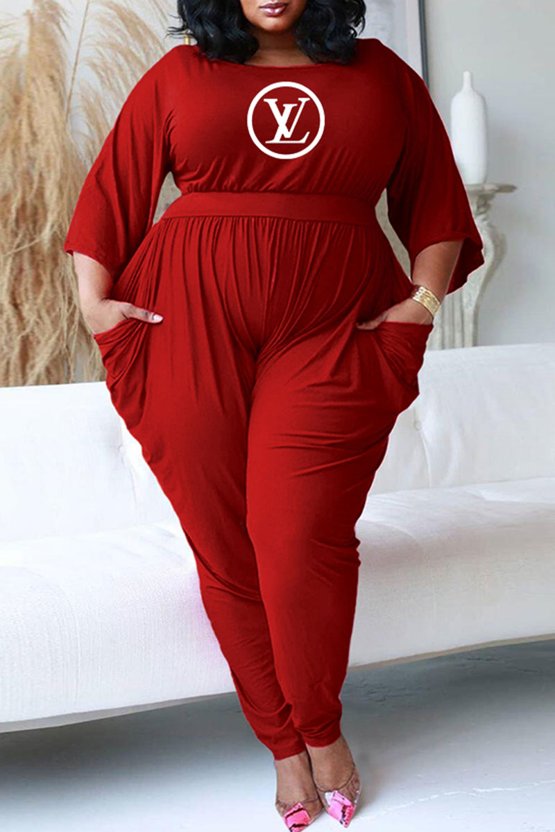

Red Fashion Casual Print Letter O Neck Plus Size Jumpsuits