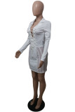 Witte mode sexy effen uitgeholde patchwork doorzichtige turndown kraag lange mouwen jurken