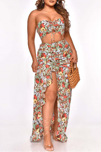 Blue Sexy Print Bandage Patchwork Backless Slit Strapless Sleeveless Two Pieces