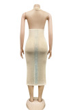 Apricot Fashion Sexy Patchwork Hot Drilling Backless Slit Halter Sleeveless Dress
