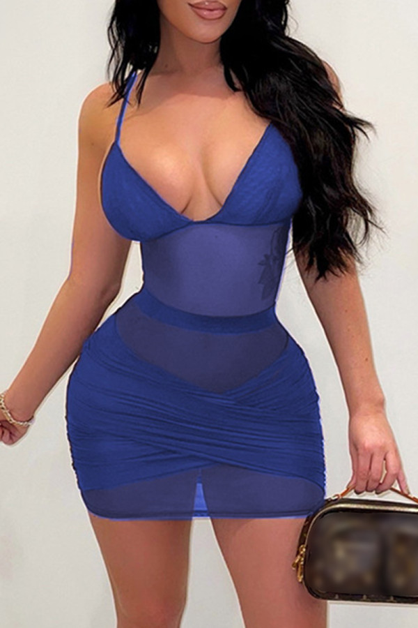 Vestido azul fashion sexy patchwork sólido transparente sem costas alça de espaguete sem manga