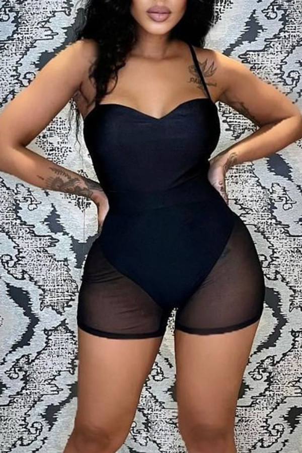 Black Sexy Solid Patchwork See-through Spaghetti Strap Regular Rompers