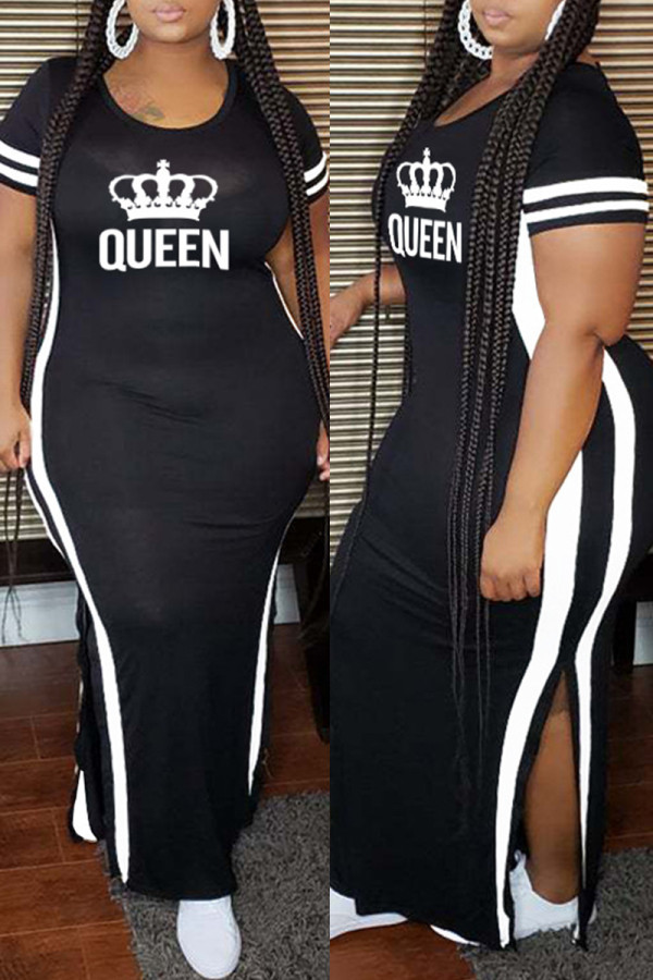 Schwarzes, modisches, lässiges, übergroßes, bedrucktes Patchwork-Kleid mit O-Ausschnitt und kurzen Ärmeln