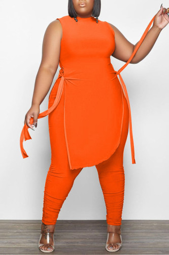 Orange Casual Street Solid Patchwork Slit Asymmetrical O Neck Plus Size Two Pieces