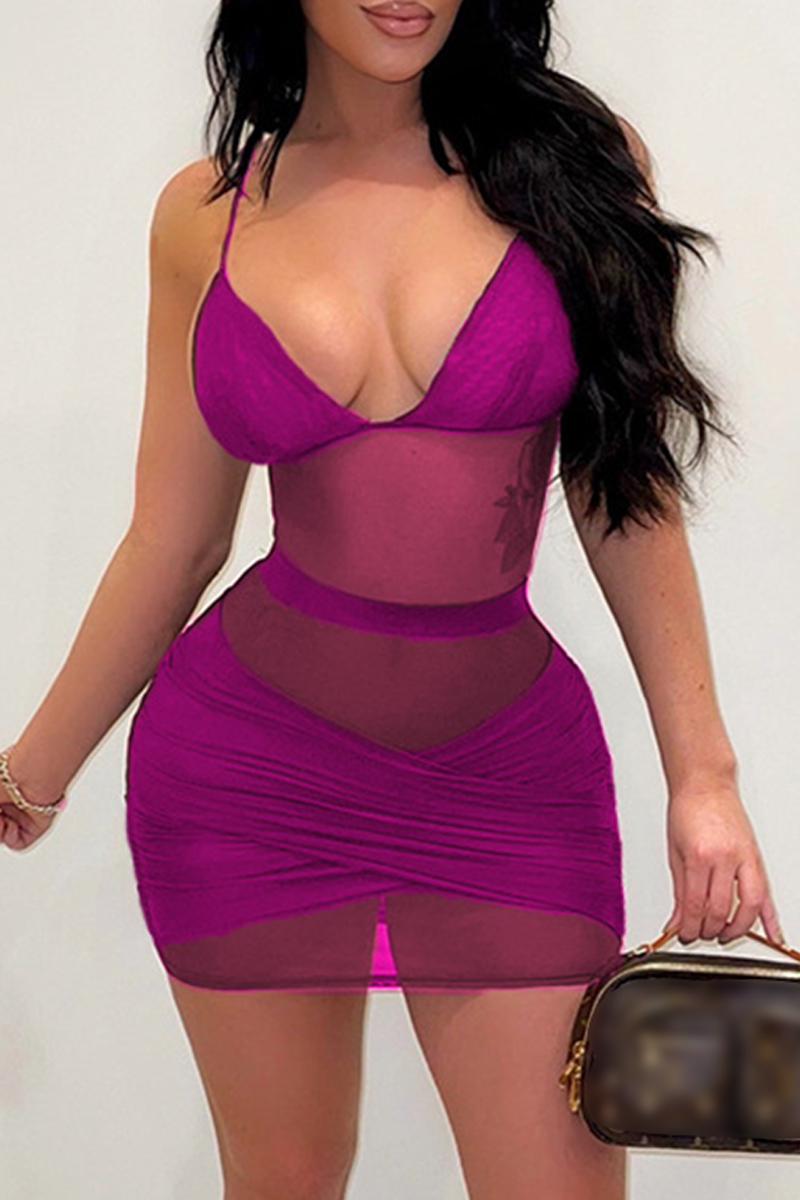 

Rose Red Fashion Sexy Solid Split Joint See-through Backless Spaghetti Strap Sleeveless Dress