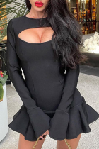 Черные сексуальные однотонные платья русалки с оборками и круглым вырезом