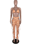 Tangerine Red Sexy Print Draw String Halter Mouwloos Two Pieces