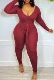 Rose Red Fashion Casual Solid Basic V-Ausschnitt Skinny Jumpsuits