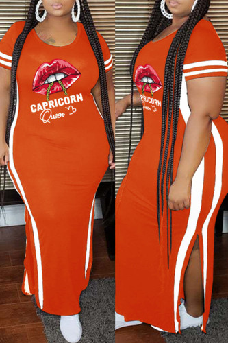 Orange Fashion Casual Plus Size Lips Printed Patchwork Slit O Neck Short Sleeve Dress