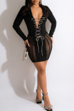 Zwarte mode sexy effen uitgeholde patchwork doorzichtige turndown kraag lange mouwen jurken