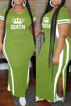 Army Green Fashion Casual Plus Size Print Patchwork Schlitz O-Ausschnitt Kurzarmkleid