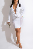 Witte mode sexy effen uitgeholde patchwork doorzichtige turndown kraag lange mouwen jurken