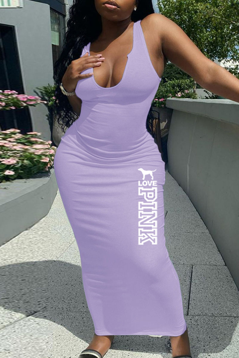 

Light Purple Fashion Simplicity Print Letter V Neck One Step Skirt Dresses