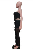 Black Fashion Sexy Solid Patchwork Flounce Strapless Sleeveless Two Pieces
