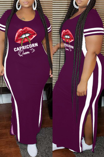 Purple Fashion Casual Plus Size Lips Printed Patchwork Slit O Neck Short Sleeve Dress
