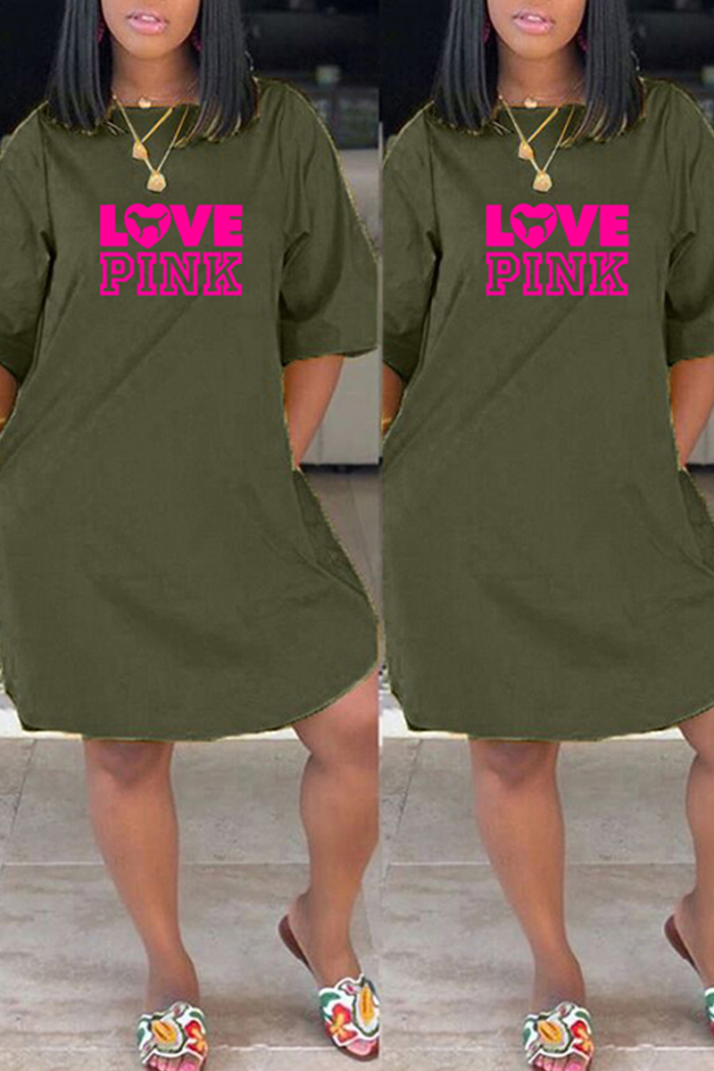 

Army Green Fashion Casual Print Letter O Neck Straight Dresses