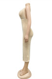 Абрикосовое модное сексуальное лоскутное платье без рукавов с открытой спиной и разрезом на шее