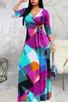 Фиолетовые повседневные платья с принтом и V-образным вырезом в стиле пэчворк