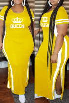 Желтое модное повседневное платье больших размеров в стиле пэчворк с разрезом и круглым вырезом с коротким рукавом