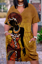 Модное повседневное платье с коротким рукавом и V-образным вырезом Ginger Fashion с принтом