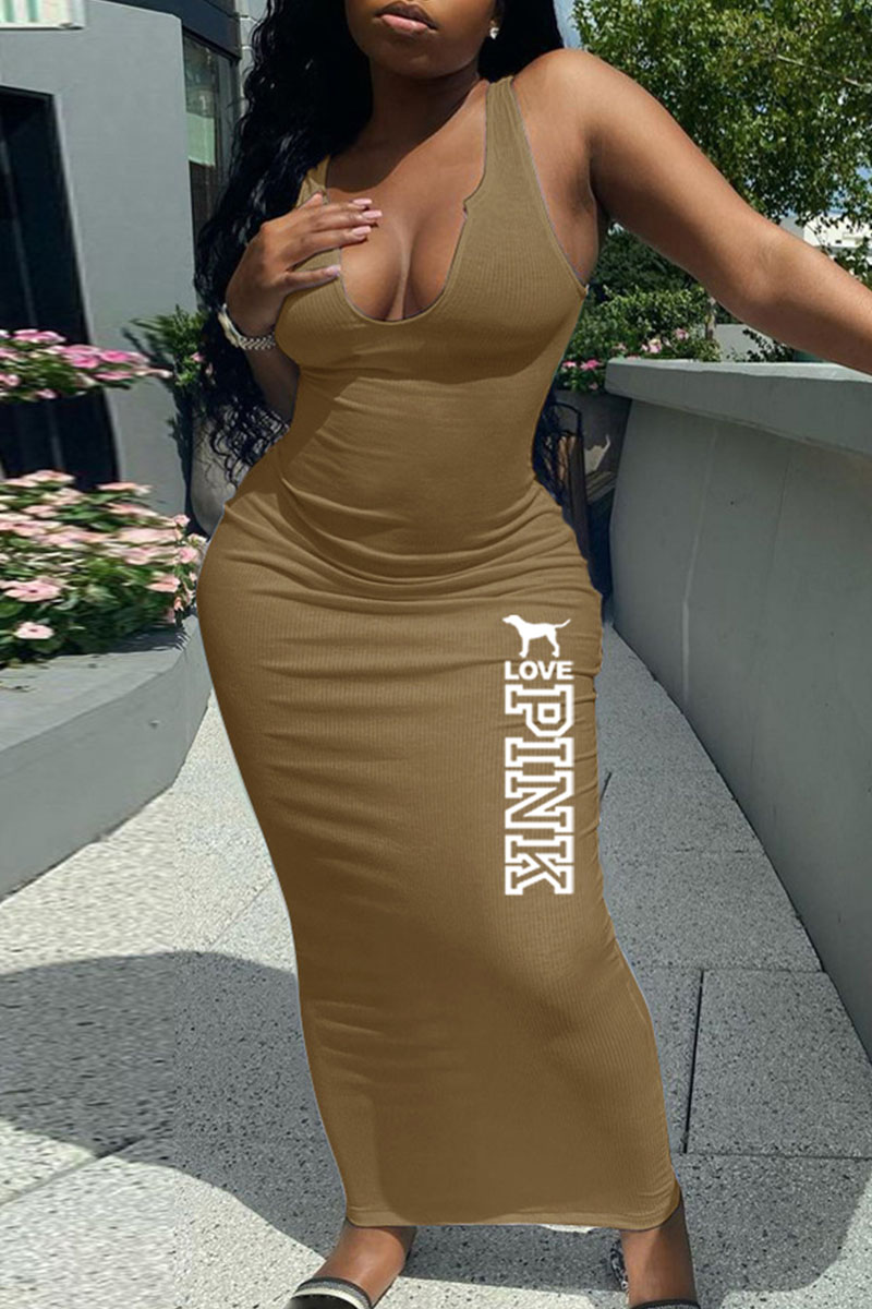 

Brownness Fashion Simplicity Print Letter V Neck One Step Skirt Dresses