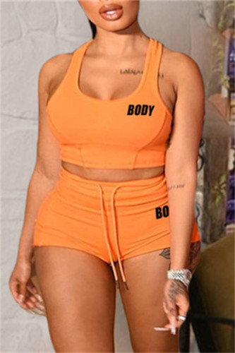 Orange Fashion Casual Letter Print Basic U Neck Sleeveless Two Pieces
